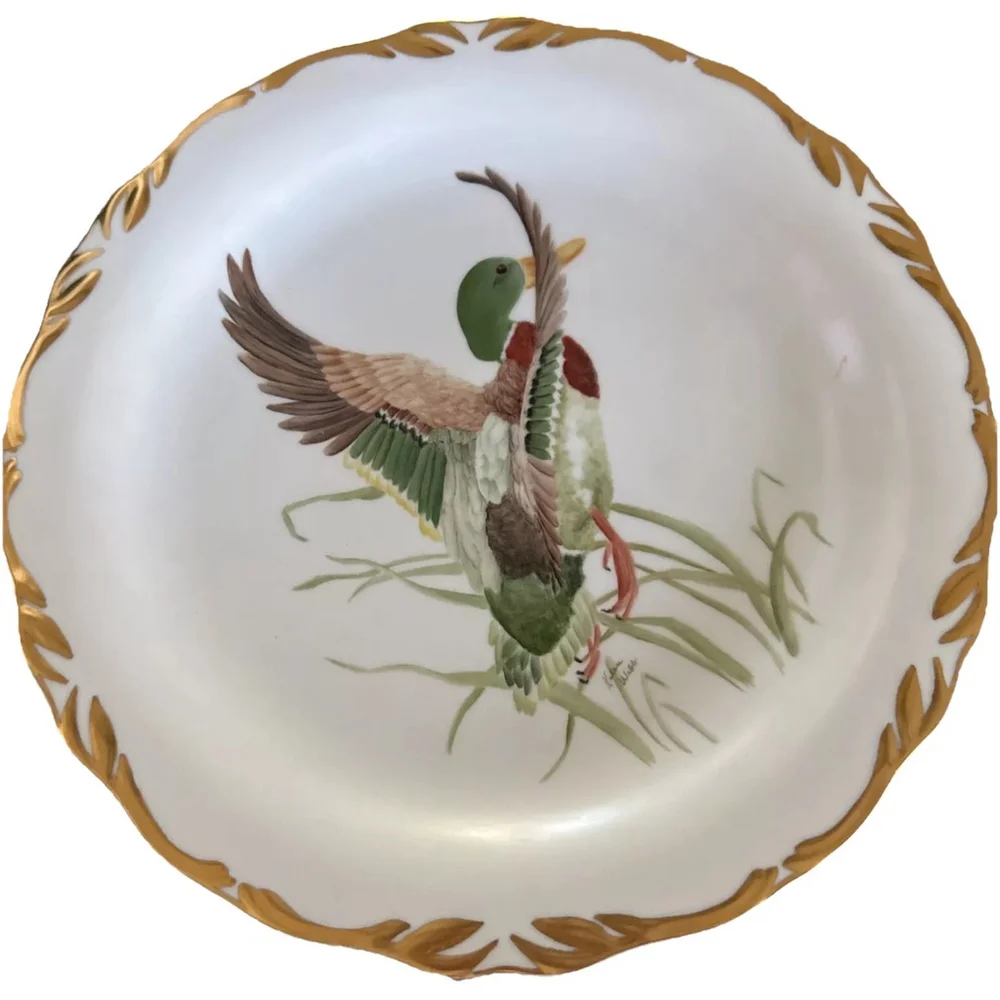 Helen Webb Hand painted Duck In grass Gold Rimmed 12” Platter Vintage